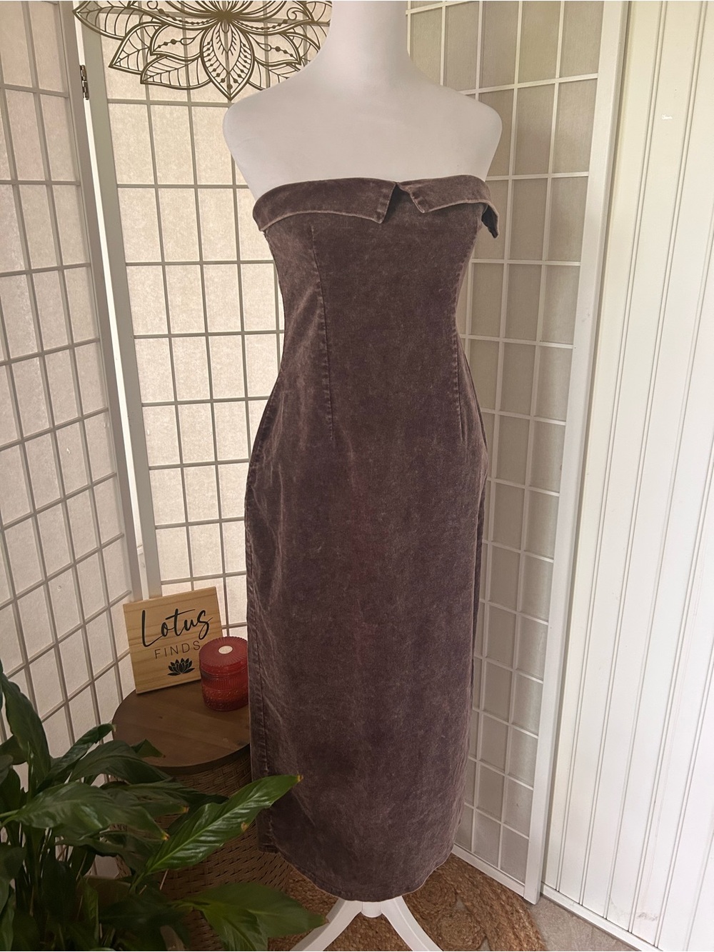 HYFVE Dusty Mauve Brown Strapless Velveteen Midi Dress Size Large